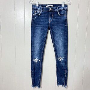 Zara Trafaluc Denimwear Womens Blue Denim Ripped Ankle Zip Jeans Size 4